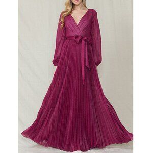 Fuchsia Long Sleeve Metallic Pleated Formal Wedding Evening Dress 4